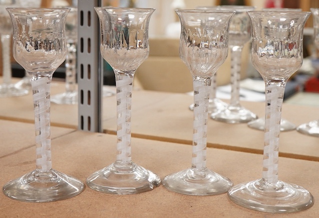 A set of four late 18th century DSOT cordial glasses, with fluted bucket bowls, 15.5cm high